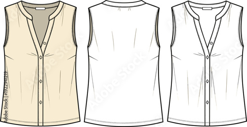 Women's Sleeveless V-Neck Blouse Technical Sketch, Flat Apparel Design, Button Up Top Template