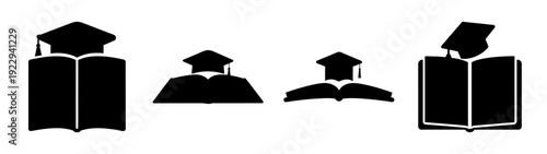 Graduation Education Icons with Books and Caps flat design vector illustration