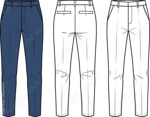 Women's Slim Fit Trousers Technical Flat Sketch, Vector Fashion Pants Illustration Template