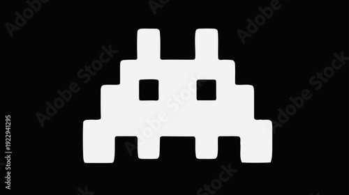 Retro pixel art character. White pixelated alien or monster from classic arcade video game isolated on black background.
