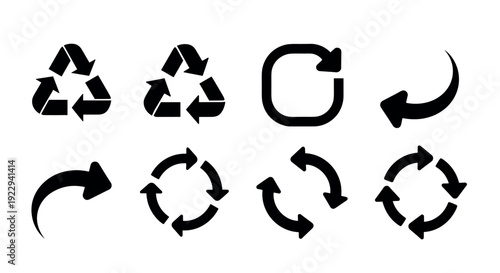 Set of black recycling and circular arrow icons in minimalist design
