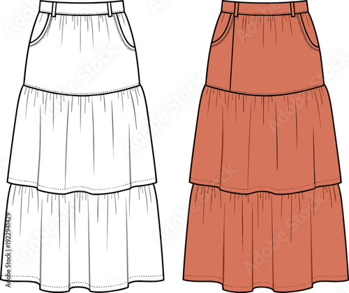 Women's Tiered Maxi Skirt Technical Sketch Flat Illustration, Fashion Vector Template