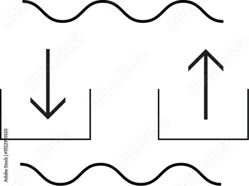 Minimalist vector illustration of water evaporation and condensation cycle with arrows and containers