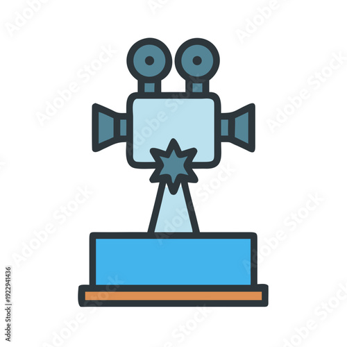 Retro Film Camera Trophy with Starburst on Pedestal, Stylized Flat Design