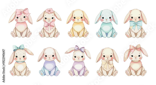 Cute watercolor bunny collection with pastel colors and bows
