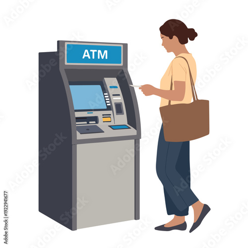 A woman using an ATM machine with a purse and a modern design