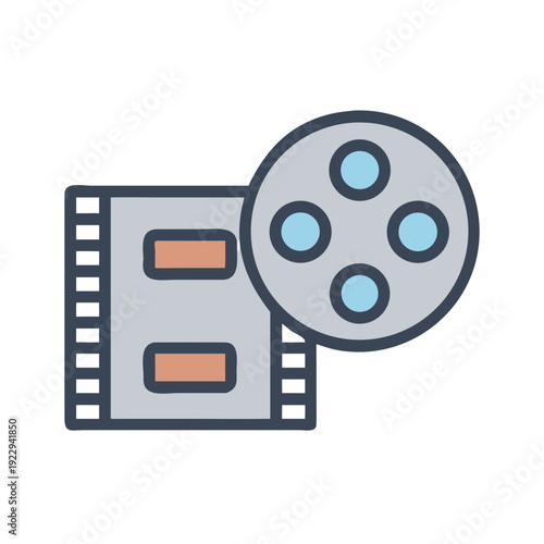 Film reel and film strip cinematic vector icon over black background