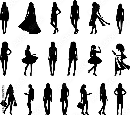 Set of fashionable women silhouettes in different stylish poses and outfits Collection of elegant female fashion silhouettes isolated on white background