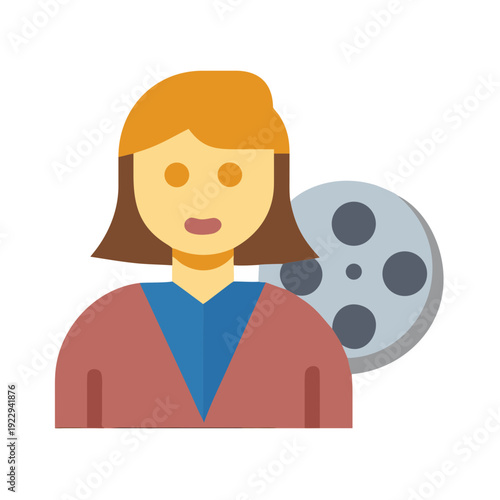 Flat illustration of woman with movie reel on a black background