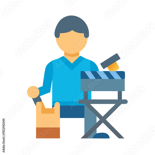 Cartoon Filmmaker with Clapperboard and Directors Chair isolated on black background