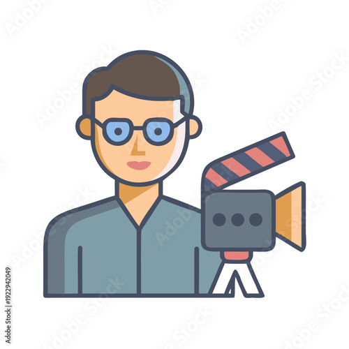Illustration of a cameraman with a vintage film camera and clapperboard