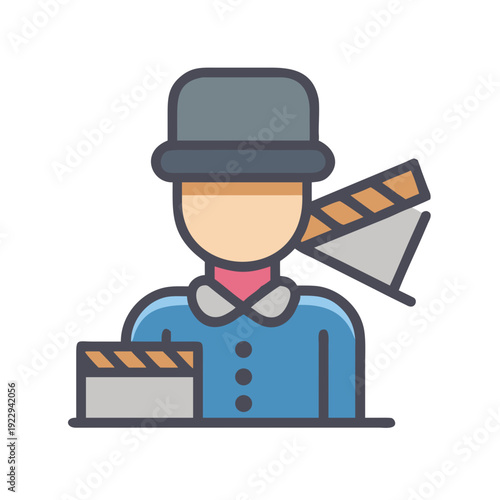 Cartoon filmmaker figure with bowler hat holding clapper boards on black background