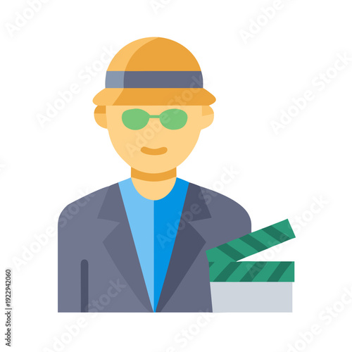 Flat design of a film director with clapperboard against a black background