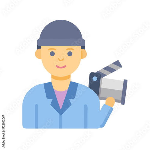 Cartoon filmmaker holding a movie clapper, film industry, flat design illustration