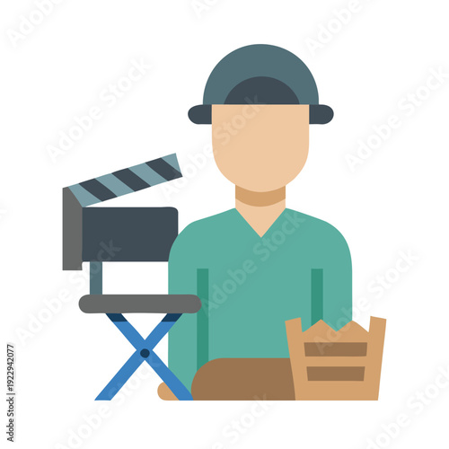 Cartoon film director with clapperboard and movie script in a minimalist scene