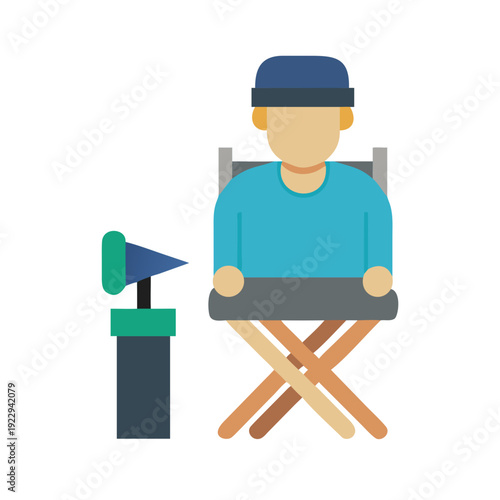 Flat vector illustration of a director sitting in a chair with clapperboard