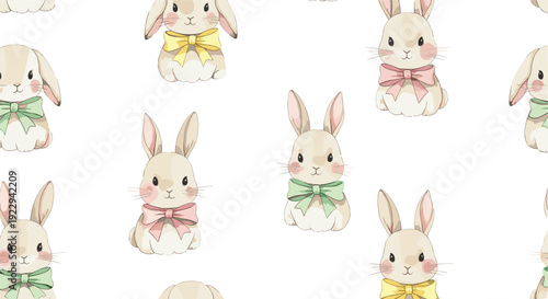 Cute bunnies with colorful bows seamless pattern in watercolor style