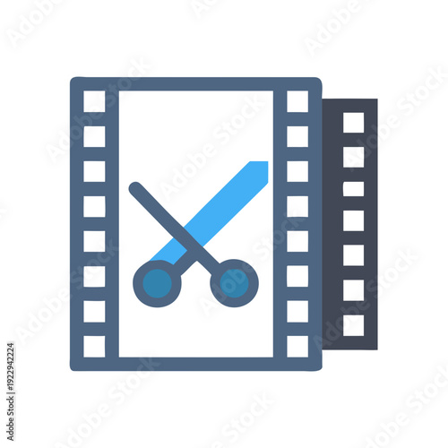 Film editing icon with scissors for video projects, media, and digital design