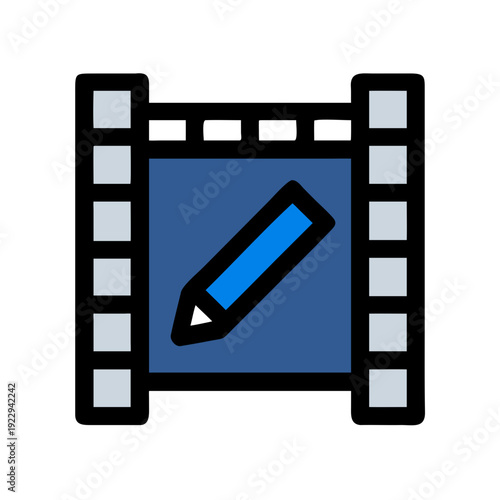 Digital illustration of a pencil inside a filmstrip frame, symbolizing video editing