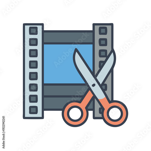 Icon illustration of scissors cutting a film strip, concept of editing