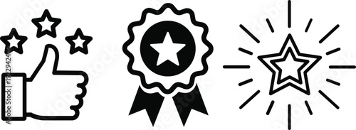 Black and white icons of thumbs up starburst and award ribbon