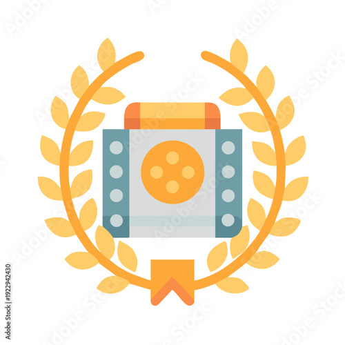 Film Reel Emblem Surrounded by Golden Laurel Wreath Against Black Backdrop