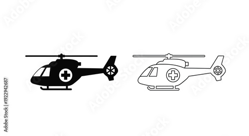 Two black and white helicopter icons one solid and one outlined