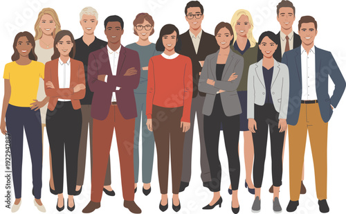Multicultural business team standing together, diverse men and women in formal and smart casual office outfits, full body corporate people flat vector illustration