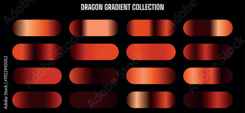 Vector red and orange gradient collection, metallic color palette swatches, dark fiery tones, isolated on black