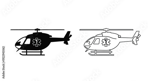 Two black and white depictions of a medical evacuation helicopter