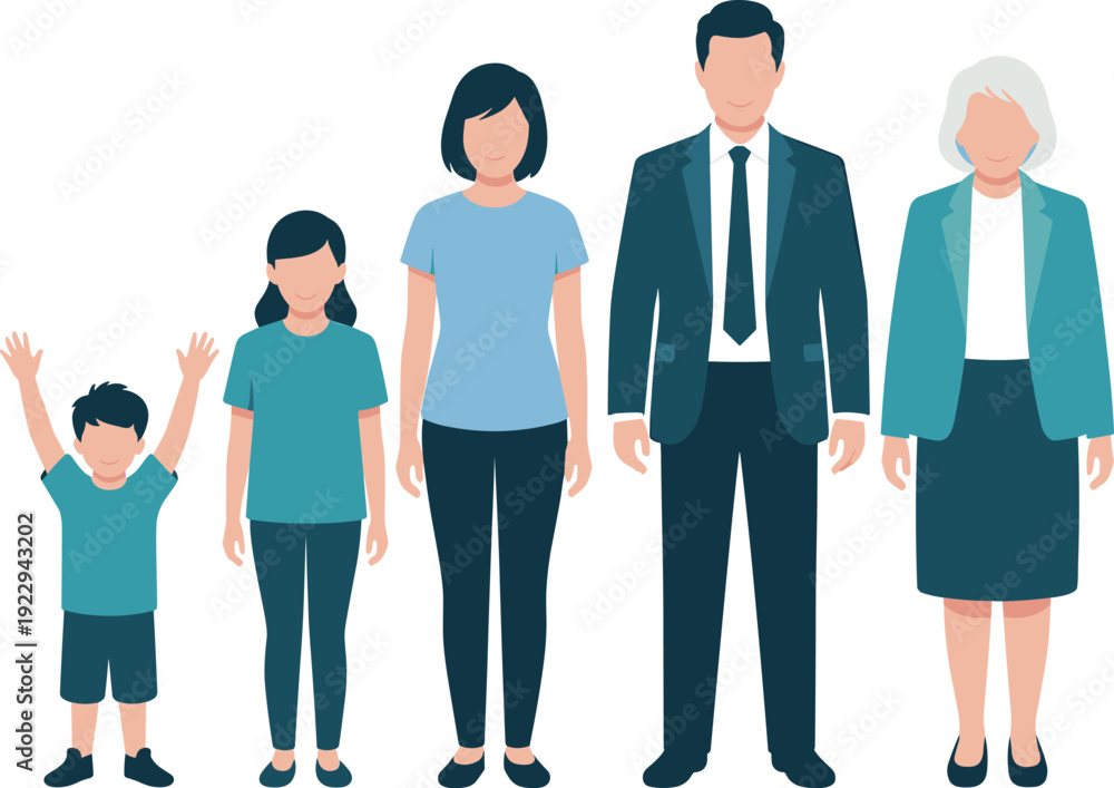 Obraz premium Multigenerational family character collection with children, parents and grandmother, full body flat vector illustration of people in casual and formal outfits isolated