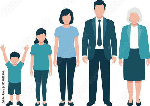 Multigenerational family character collection with children, parents and grandmother, full body flat vector illustration of people in casual and formal outfits isolated