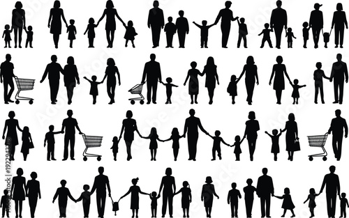 Family silhouettes, parents and children walking, shopping, bonding, togetherness, parenting concept, modern family lifestyle, people together, parent-child illustration