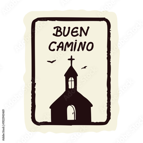 Hand drawn small pilgrim church on st james way de compostela with Buen Camino greeting. Isolated black and white vector graphic for pilgrimage passport stamp on europeansacred travel trail.