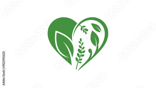 Green Heart with Botanical Leaves - Nature and Wellness Concept