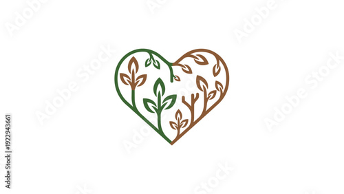 Eco Heart Tree Logo with Growing Branches and Leaves in Green and Brown