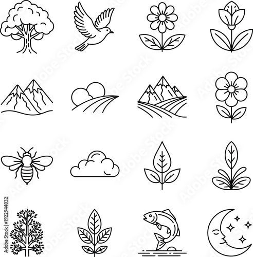 Collection of nature icons featuring plants animals and landscapes