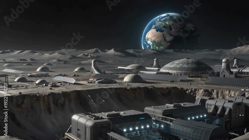 Manned moon mission. Futuristic lunar base and Earth globe, domes, habitats, and solar arrays on a dusty plain. 