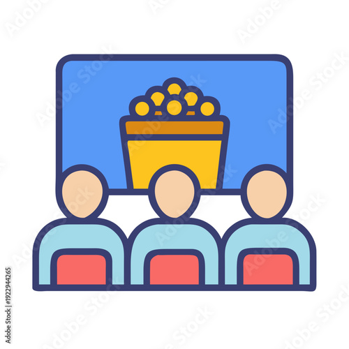 Cinema audience watching movie with popcorn in colorful minimalist graphic style