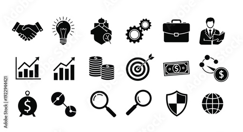 Black silhouette icons representing business finance and global connections