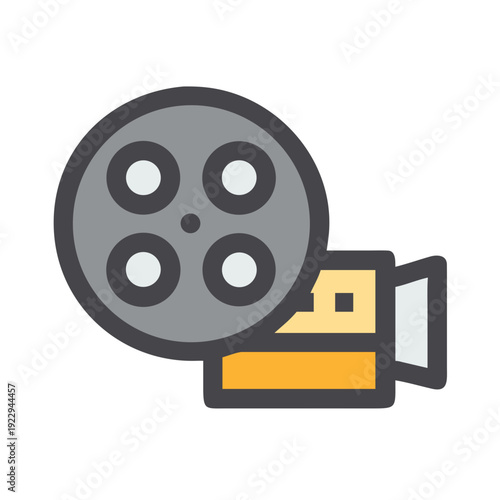 Vintage Film Camera with Reel, Depicting Classic Movie Making Equipment