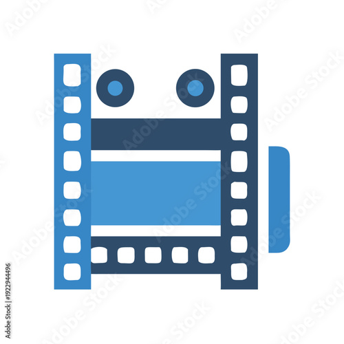Simple flat illustration of blue movie film on black background for cinema