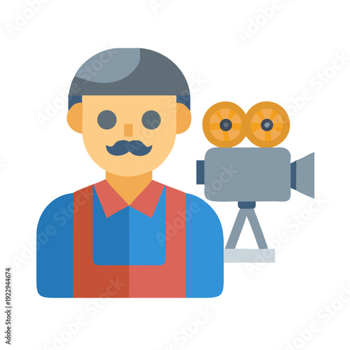 Flat vector illustration of a retro cameraman with vintage film camera