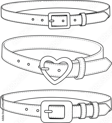 Fashion belt set flat sketch with square and heart buckles, adjustable strap design, CAD drawing flat vector illustration for accessories