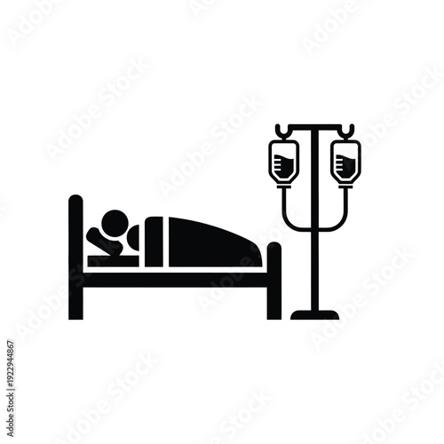 Vector illustration icon patient lying in bed with intravenous drip