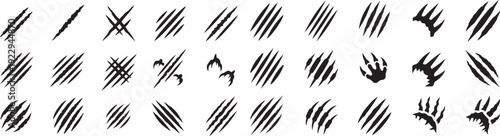 Animal claw scratch icon collection, claw mark symbol set. Wildlife scratch elements. Claw silhouette vectors eps