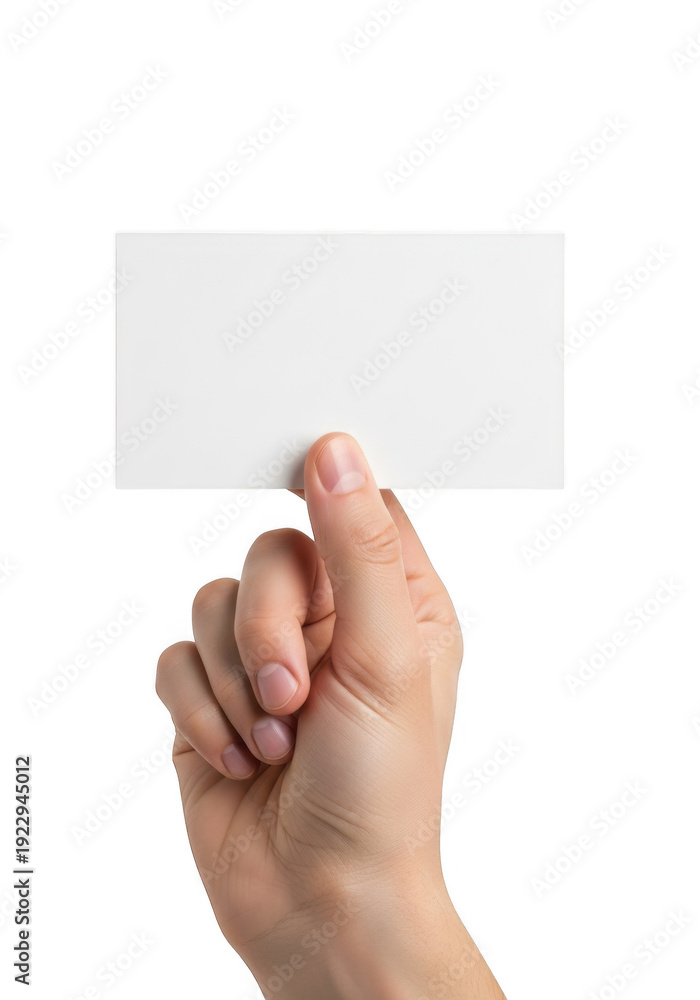 Fototapeta premium Hand holding a blank white card isolated on transparent background