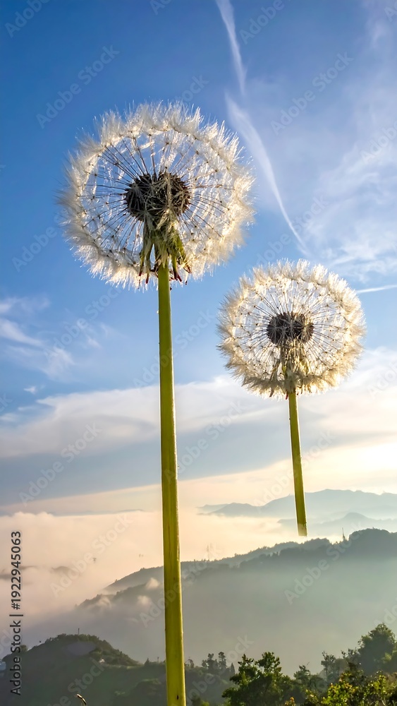 Fototapeta premium Two dandelion seed heads reaching towards a bright blue sky