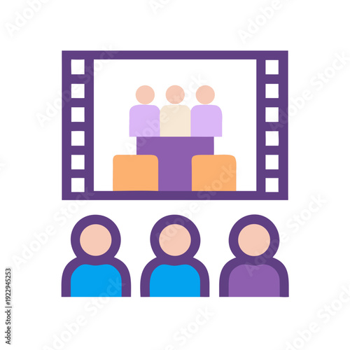 Flat illustration of people watching a movie or presentation with film borders