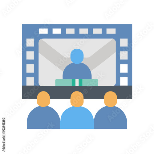 Conference call illustration with audience in flat design style on a black background